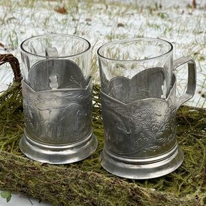 Pair of USSR Tea Glass Holders Podstakannik Aluminum Bison Design подстаканник